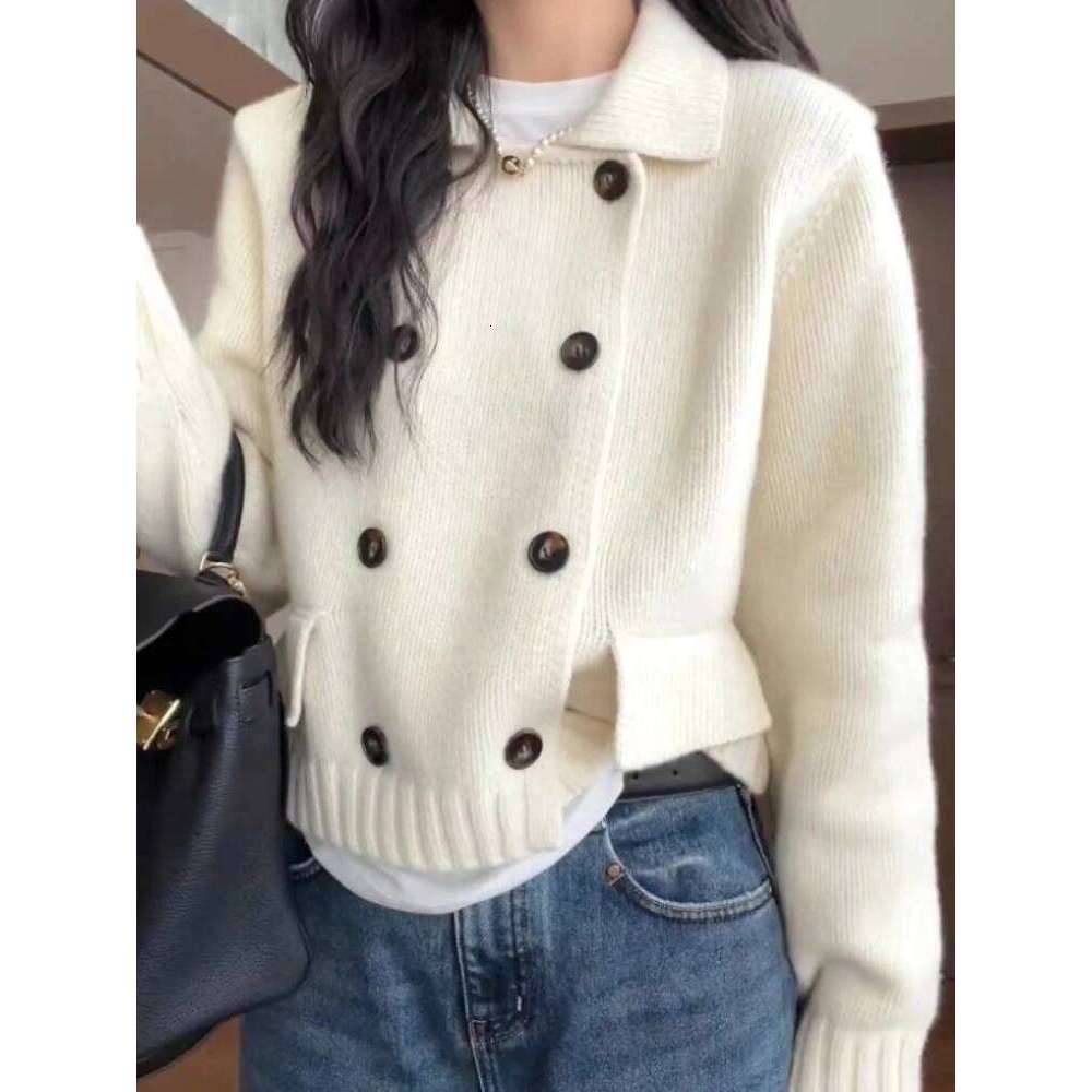 Double-Row Button Solid Color Turndown Collar Cardigan Women's Autumn Winter New Style Korean Outerwear Long Sleeve Warm Sweater Z260313