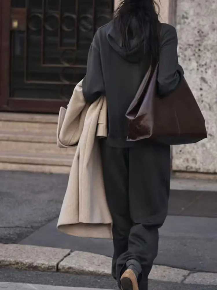 HH Women Solid Casual Sweatshirt Pant Suit Long Sleeve Hooded Fleece Pullover Coat Loose Straight Trousers Office Lady Sets M260313