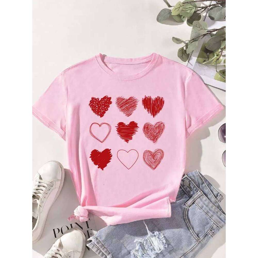 Red Heart Printed T-Shirts Fashion Streetwear Short Sleeve Tee Clothing Casual Soft Women Tops Valentine's Day T-shirt Z260314