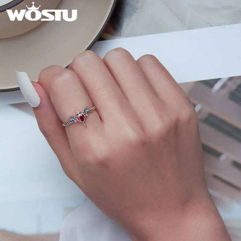 WOSTU 925 Sterling Silver Punk Goth Bat Wings Braided Ring Black Heart CZ Retro Rings for Women Halloween Jewelry Gift Hiphop H260312