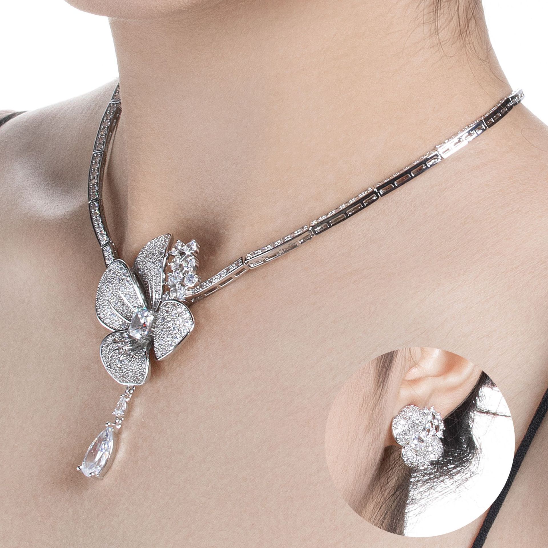 European American Cross-Border Flower Zircon Necklace And Fashionable Women's Accessories Earring Set High-End Niche Luxury Bridal Dress Accessor