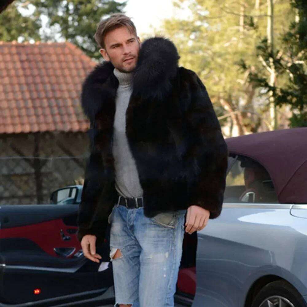Men's Fox Autumn Winter Fashion Long Sleeve Warm Hooded Faux Fur Black Casual Men Jackets Cardigan Coat Z260313