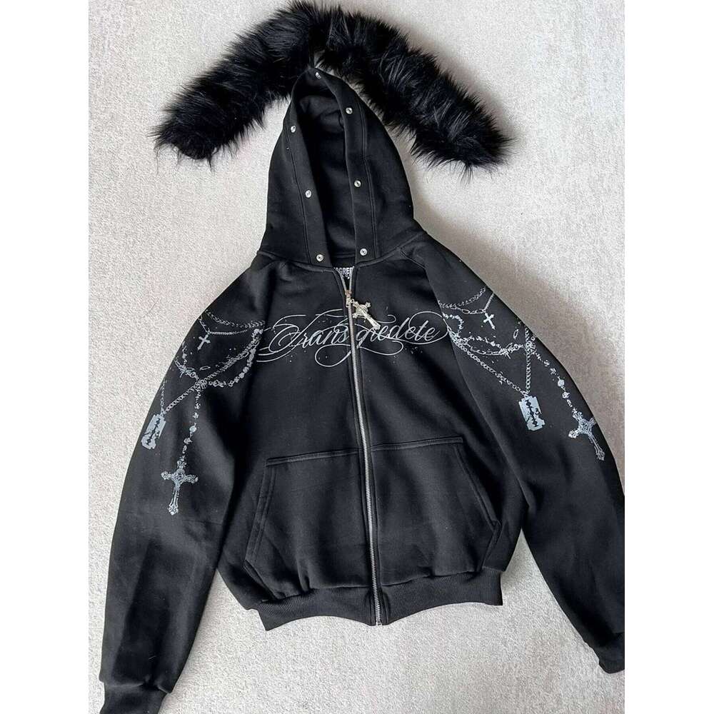 American retro autumn winter thick jacket Gothic printing drawing loose zipper sweatshirt men and women hoodie streetwear Z260314