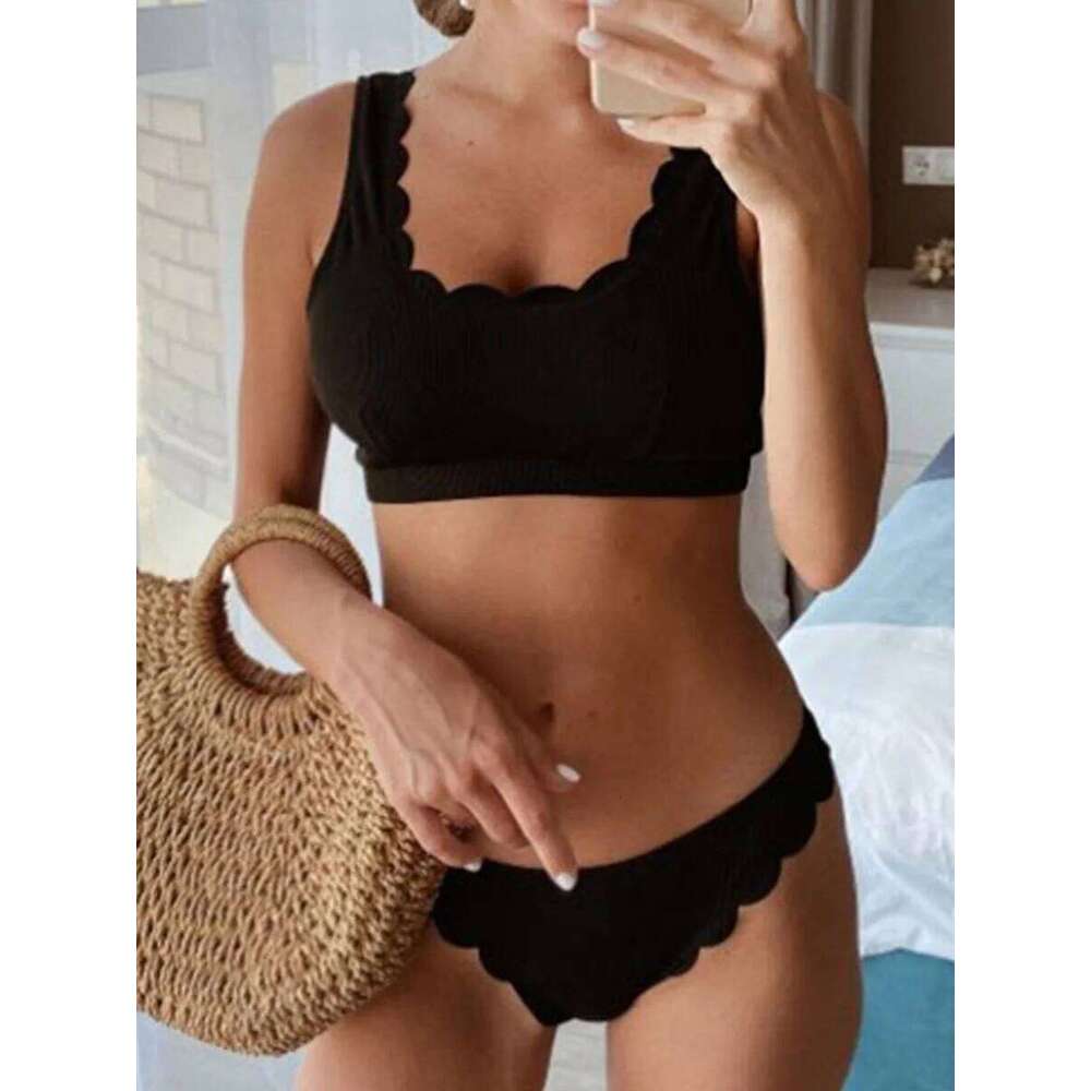 2025 Scalloped Mid Waist Women Swimwear Female Swimsuit Two-pieces Bikini set Ribbed Bather Bathing Suit Swim wear Lady Y260303