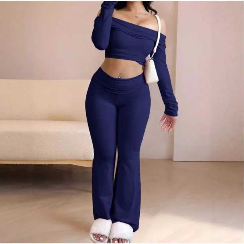 Casual Workout Two Piece Sets Woman Outfits Crop Long Sleeves Tops Foldover Flare Pants Tracksuit Suit Summer and Fall 2025 New M260313