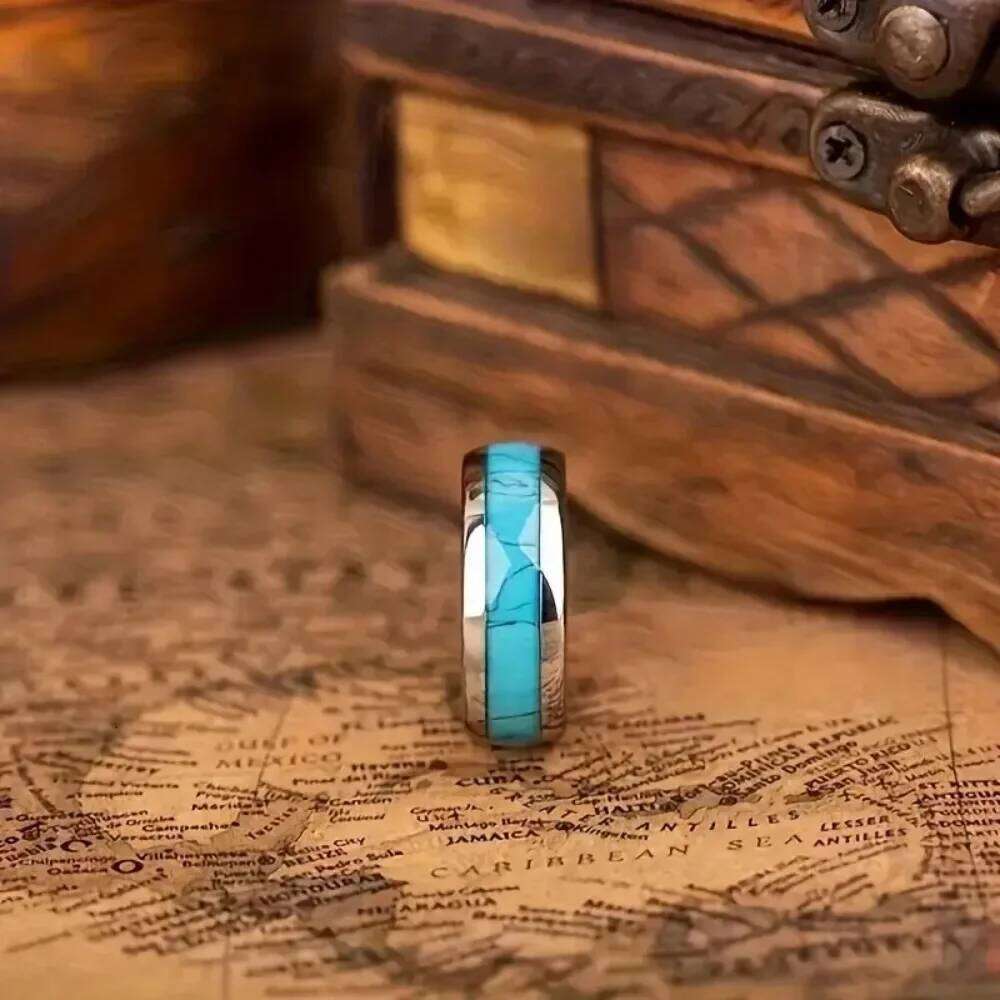 Hot Inlay Blue Turquoise Fashion 8MM Stainless Steel Rings for Men Women Wedding Engagement Band Jewelry Gift Dropship H260312
