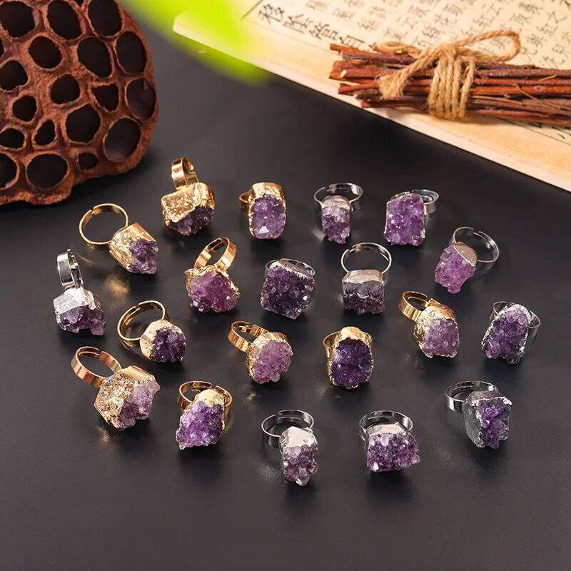 Natural Crystal Reiki Rings Raw Irregular Amethyst Cluster Geode Druzy Adjustable Finger Ring Resizable H260312