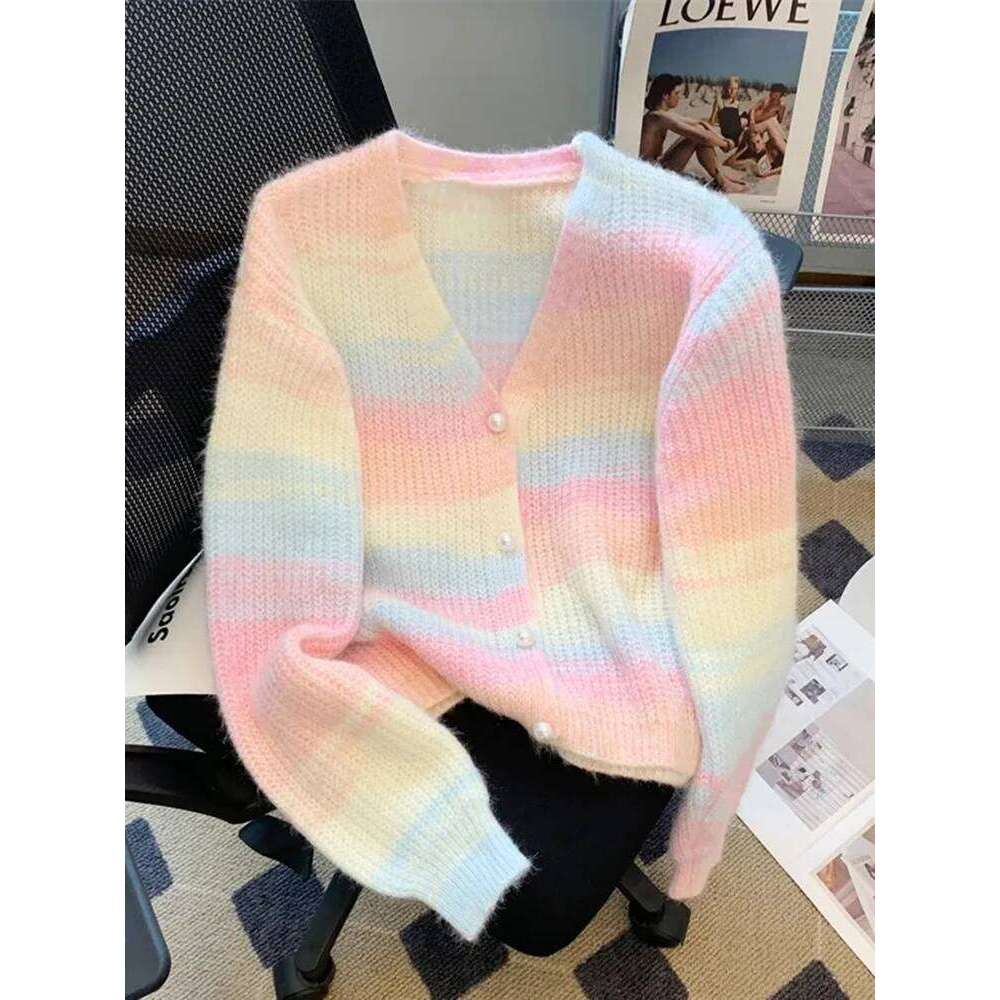 Fashion Rainbow Cardigan Sweaters Women Elegant Pearl Buttons Knitted Coat Chic V Neck Casual Korean Sweet Female Tops Z260313