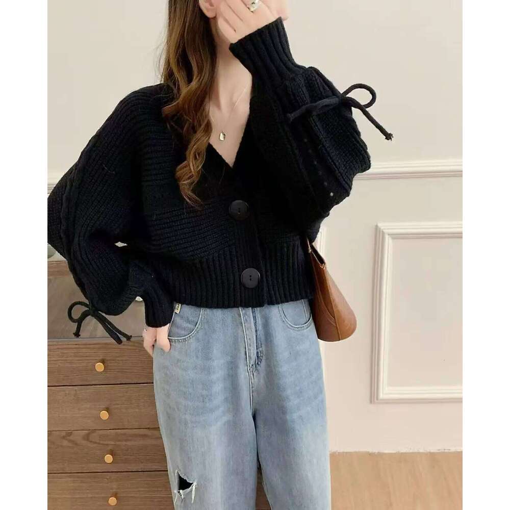 Women's Cardigan Sweater with Bow Decor Big Button V-Neck Crop Knitted Jacket Boxy Fit Korean Fashion Casual Female Fall Winter Z260313