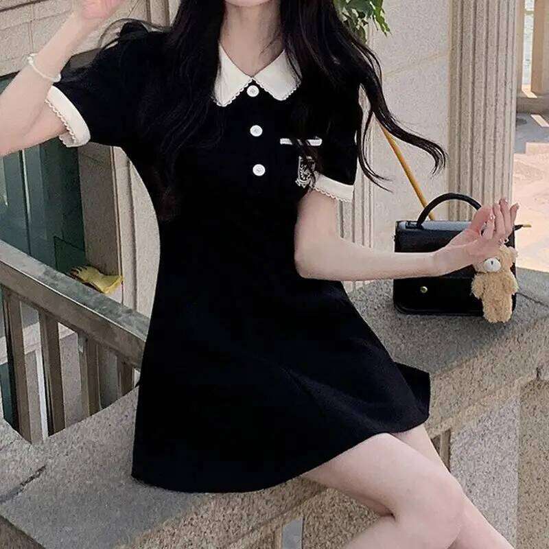 Fashion Contrasting Colors Academic Style Appear Thin Lower Back Printing Temperament Polo Collar Women's Dress Summer 2024 Z260314
