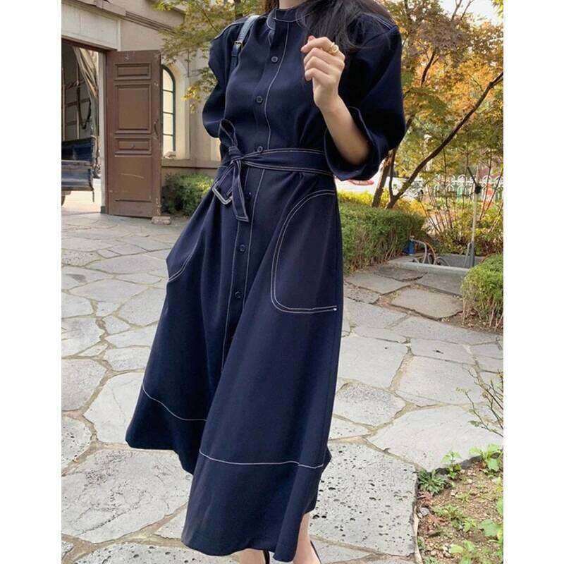 REALEFT Spring Autumn Single Breasted Women's Shirt Dresses Sashes 2024 New Stand Collar Korean Casual Straight Dress Female Z260313