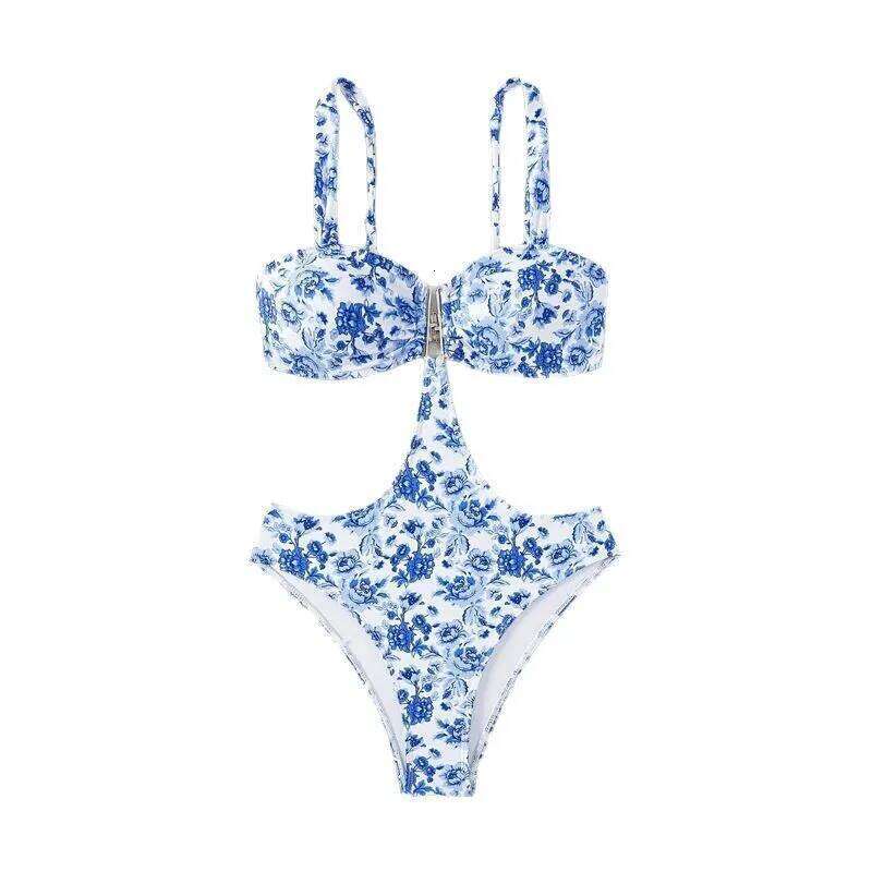 2025 Blue Porcelain Monokini Straps Bikini Bodysuit Women's Sexy Backless One-Piece Swimsuit Chinese Print Swimwear Female Y260303