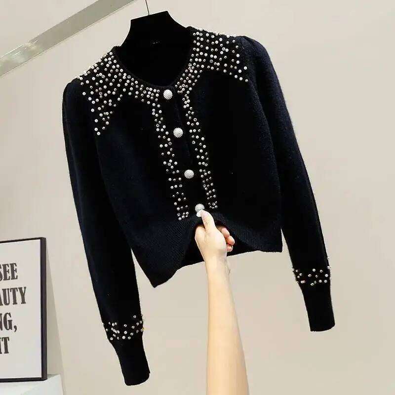 Bead-encrusted Rhinestones Round Neck Single-breasted Long-sleeved Sweater Cardigan Commuter Temperament Versatile Top Z260313