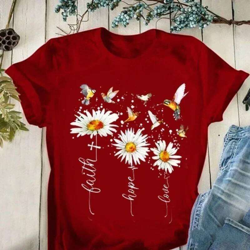 Faith Hope Love Daisy Print T Short Sleeve O Neck Loose Tshirt Summer Women Tee Shirt Tops Camisetas Mujer Z260314