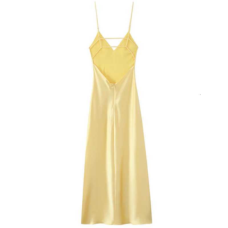 HXAO Womens Yellow Slip Dress Summer 2025 Woman Satin V-Neck Party Dresses Elegant Evening Sleeveless Backless Long Vestidos 066T260316