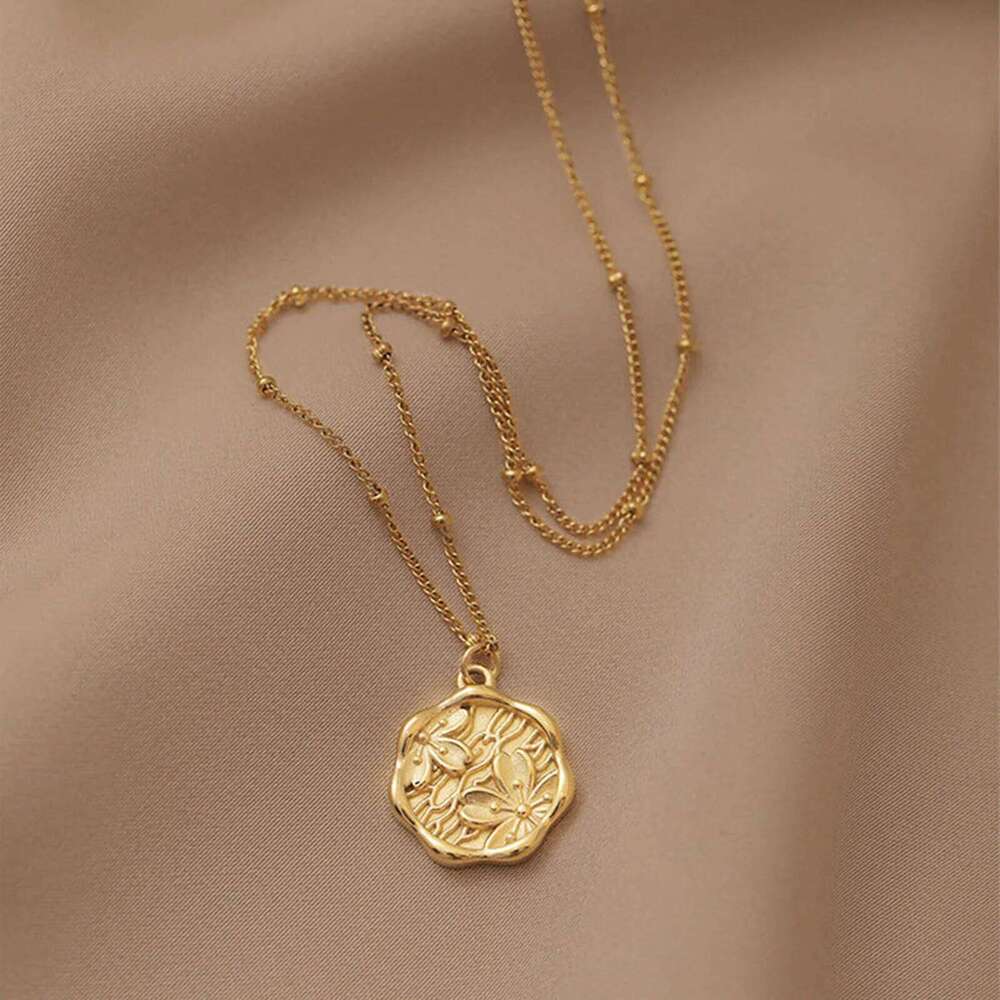 Coin Pendant Flower Necklace for Women,Satellite Chain Link, Stainless Steel 14k Gold Plated Jewelry Not Fade H260312