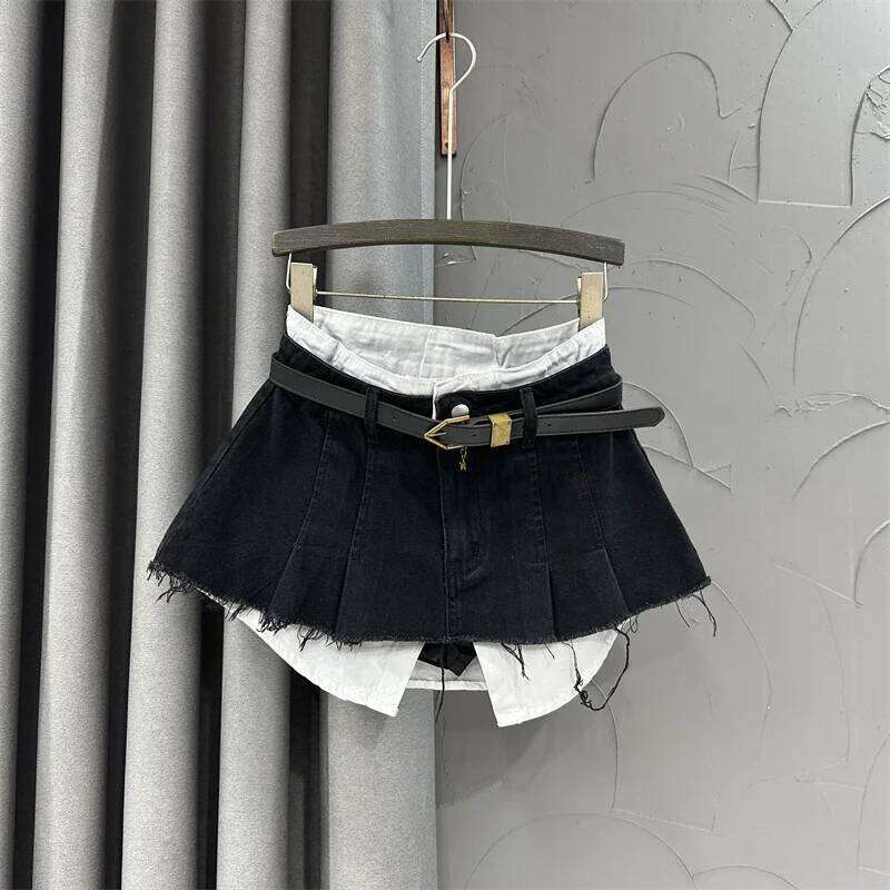 Trend Contrast Color Patchwork Denim Skirt Women Hem Burrs High Waist Loose Wrap Hip Skirts Female 2023 Spring New Z260314