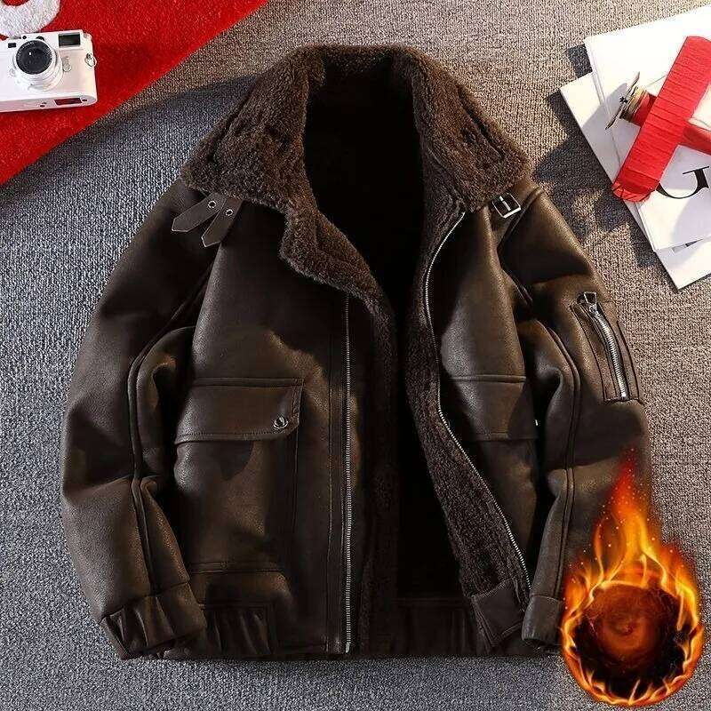 Men's Fleece Thickened Winter Light Luxury High-end Motorcycle New Faux Fur One-piece Leather Jacket Men Z260313