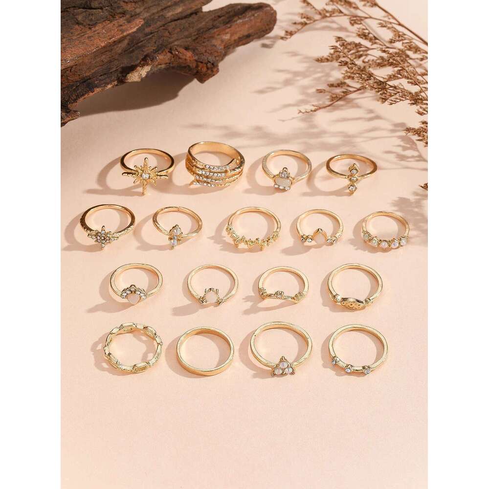 17 Pieces Of New Bohemian-style Retro Geometric Fashion Moonstone Openwork Water Drop Women's Wedding Banquet Ring set H260312