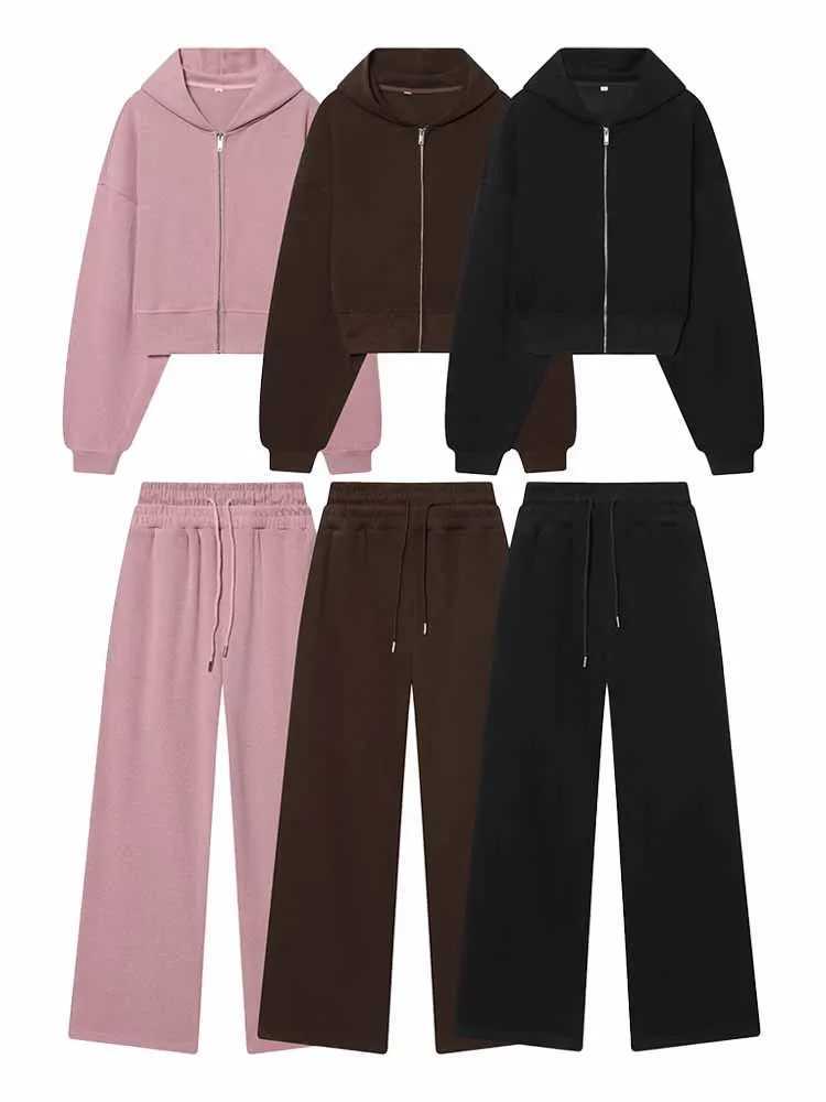 HH Women New Fashion Casual Hooded Long Sleeves Zipper Solid Short JacketDrawstring Loose Wide Leg Long Pants Chic Pants Suit M260313