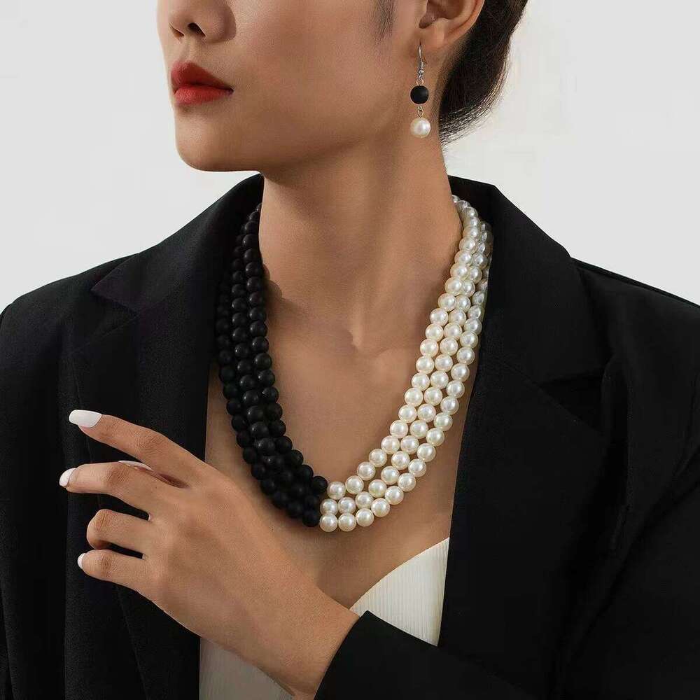 Elegant Black White Imitation Pearl Necklace - Unique Women's Layered Design, Suitable For Parties And Gifts H260312