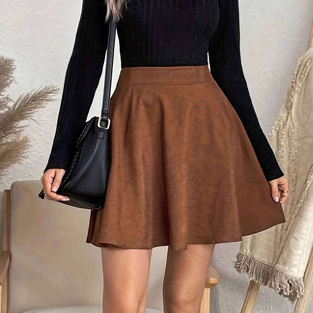 Women's Suede Solid Color High-waisted A-line Skirts Spring and Autumn Fashion Casual Female Skirt Z260314