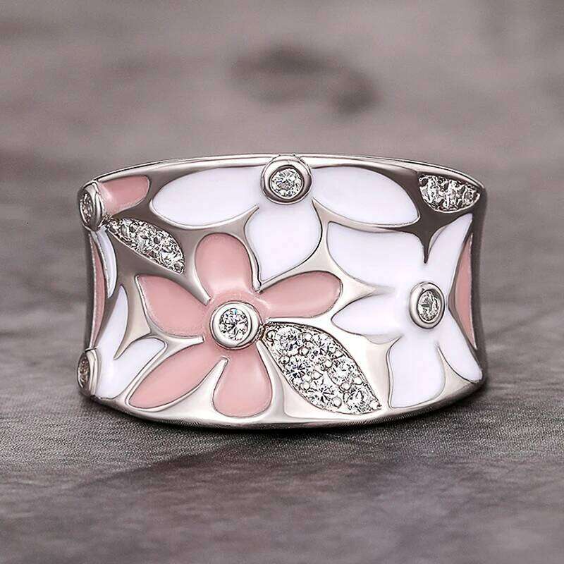 Huitan Aesthetic Enamel Flower Finger for Women Wedding Party New 2023 Ring Silver Color Luxury Cubic Zirconia Jewelry Gift H260312