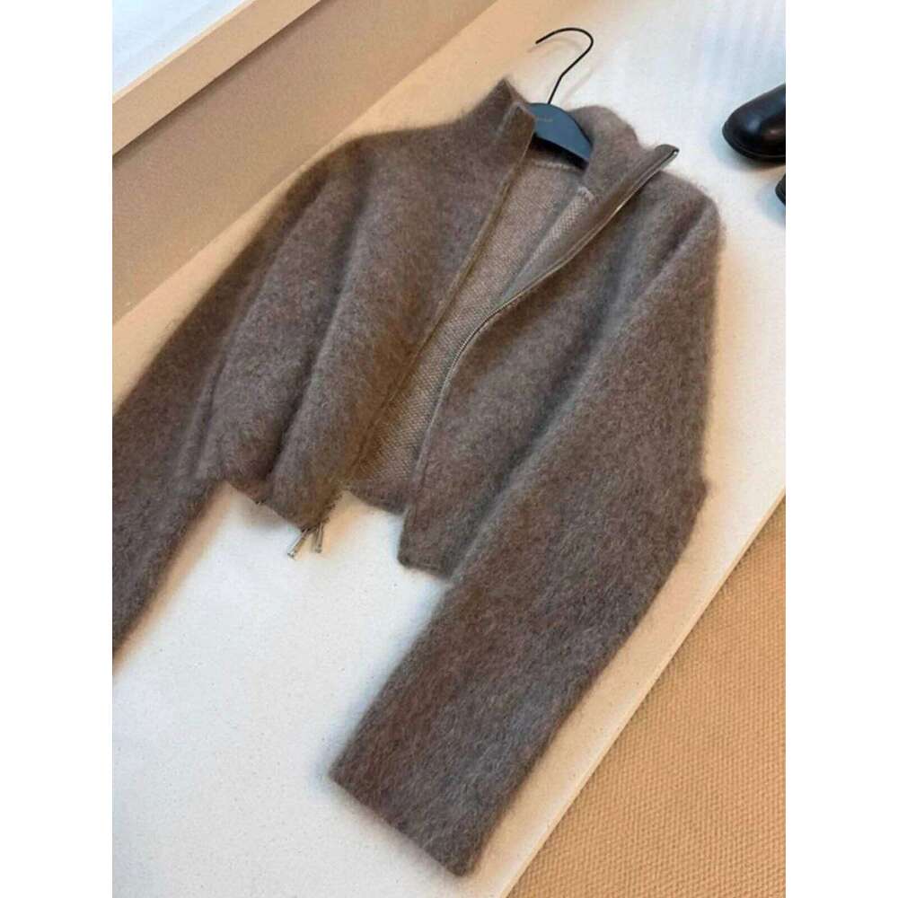 New Fashion Zipper Knitted Cardigan Temperament Stand Collar Soft Mohair Top Coat Women's Autumn Winter Loose Warm Sweaters Z260314