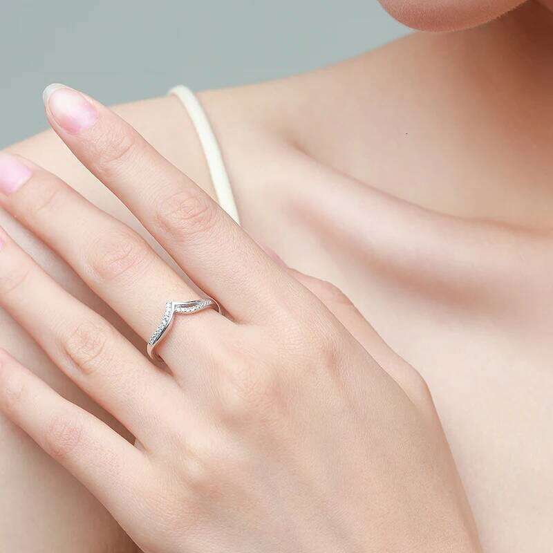 Ailmay Romantic V Shape High Quality CZ Ring Real 925 Sterling Silver Fashion Sparkling Finger Rings For Women Wedding Jewelry H260312