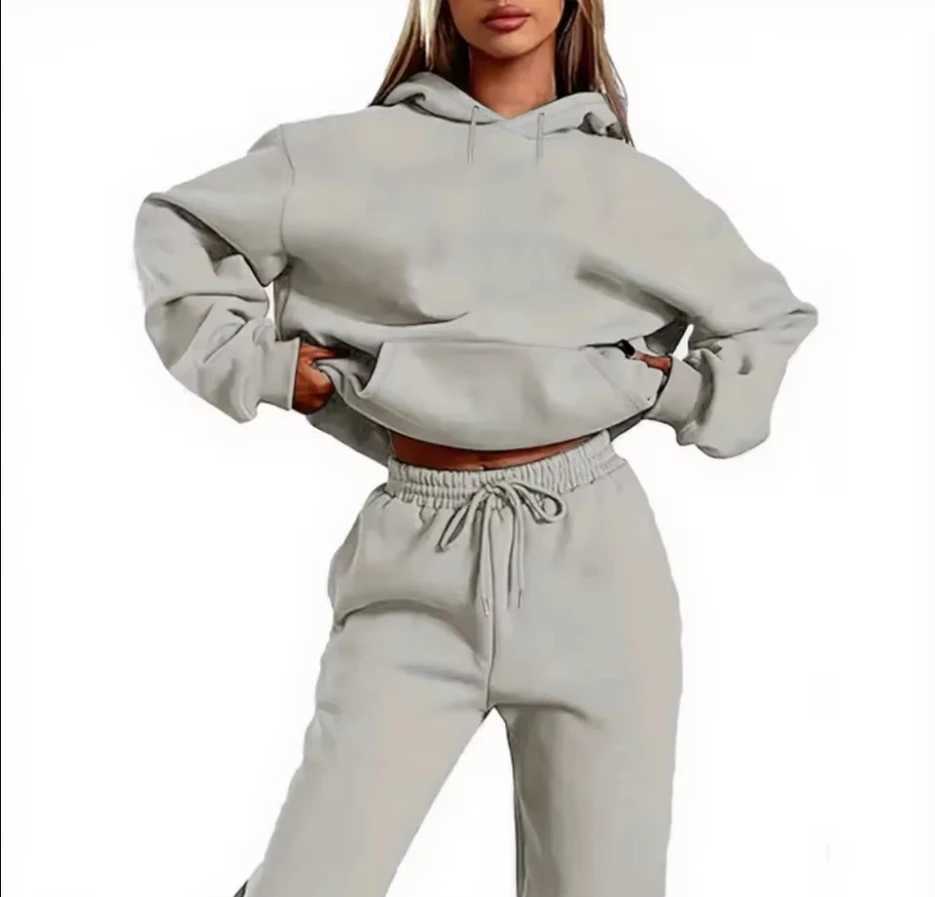 2024 Autumn/Winter New Women Fashion Trendy HoodieSports Pants Two Piece Solid Color Loose Fitness Training Jogging Set M260313