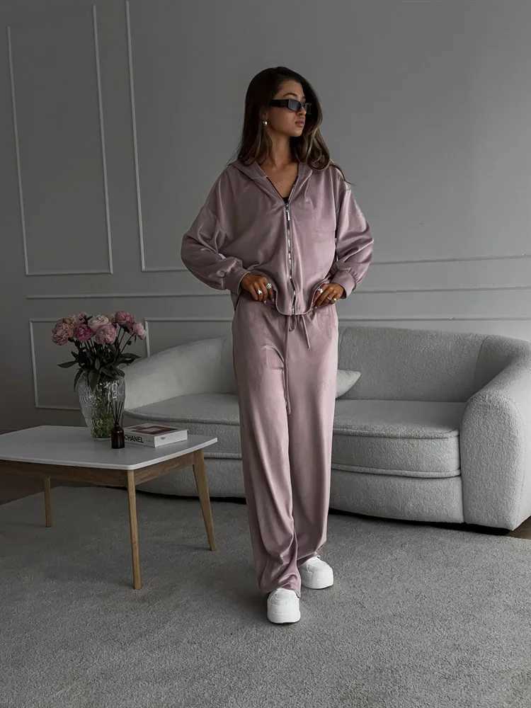 2025 Autumn Womens set Solid color long-sleeved cardigan hoodie sportswear long pants two-piece set set womens clothing M260313
