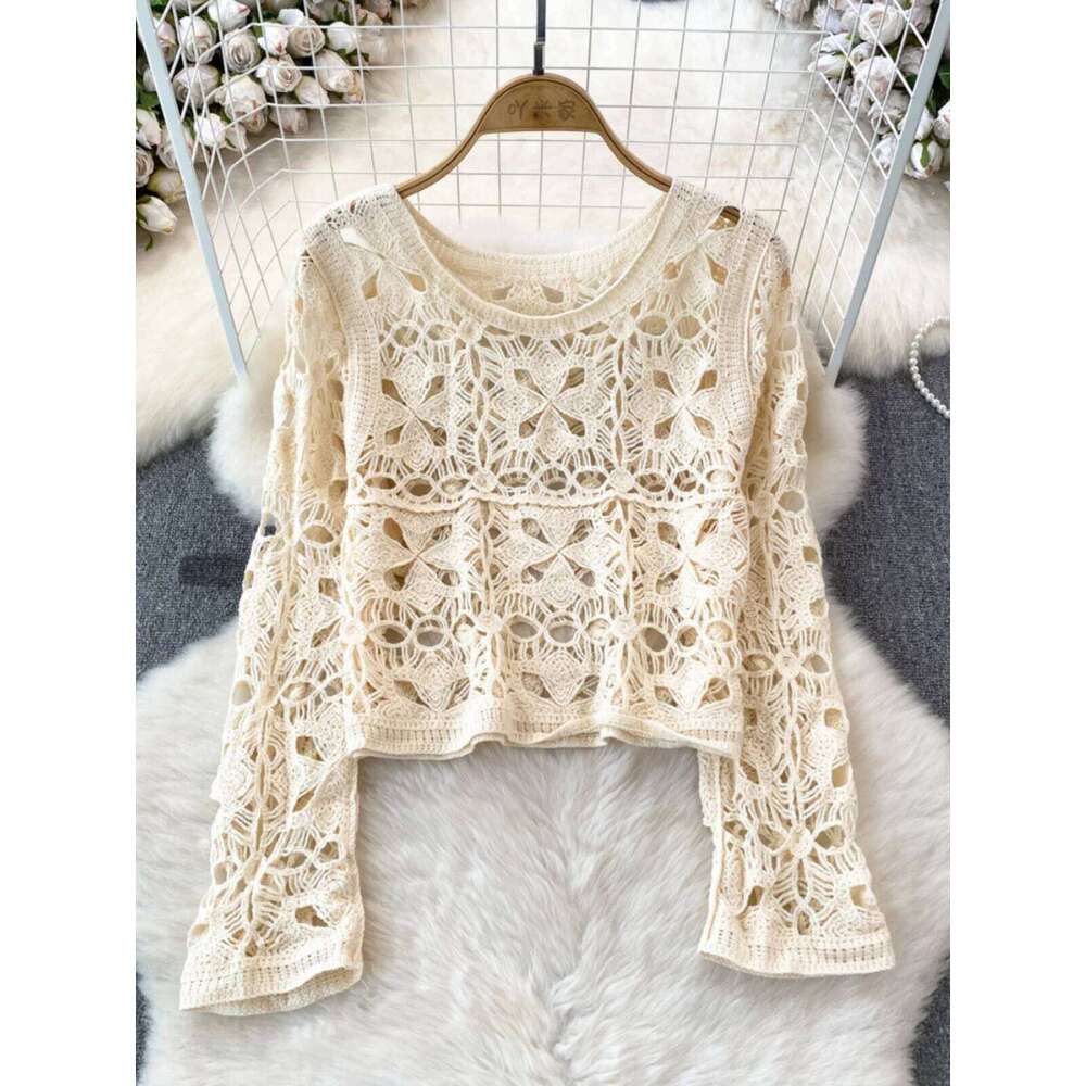 2024 Spring Summer Pullovers Tops Korean Fashion Long Sleeve Women Hollow out Knitted Shirt Round Neck Hook Flower Knitwear Z260313