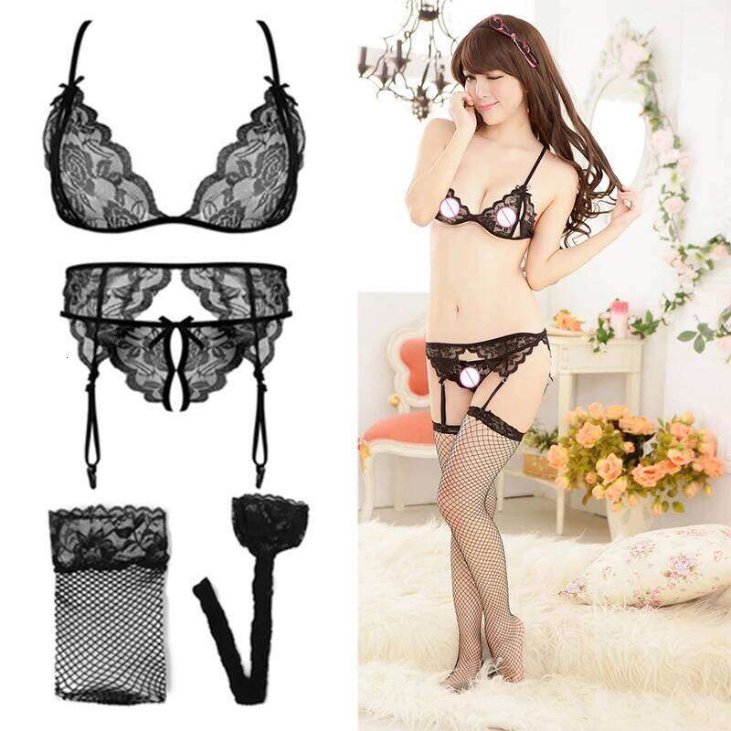 Lace Women Lingerie 4 Pcs Sling Open Sexy Wiht Garter Panties Push Up Bra Set Erotic Transparent Underwear Net Stockings