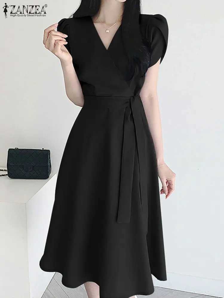 Women Fashion OL Work Sundress ZANZEA Elegant Summer Short Sleeve Dress Casual Solid A Line Vestido Kaftan Sarafans Robe FemmeT260316
