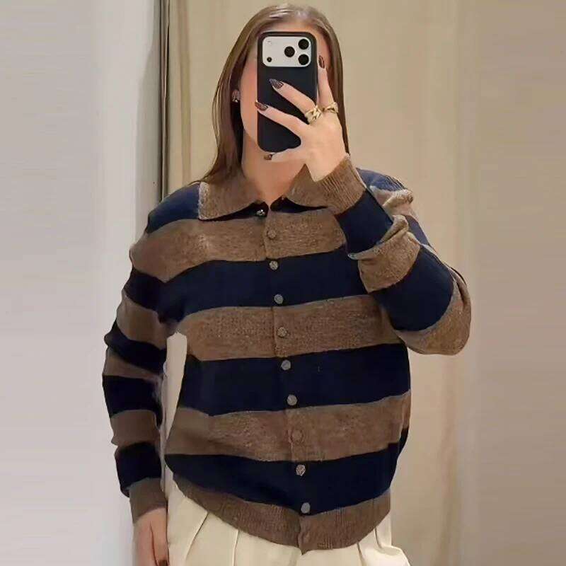 HXAO Striped Knit Cardigan For Women Autumn Spring 2026 Women's Sweater Elegant Cropped Long Sleeve Button Up Tops Cozy Sweaters Z260313