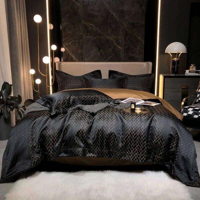 4/6Pcs Black Gold Yarndyed Jacquard Egyptian Cotton Smooth Duvet Cover Cal King Bedding Set Flat/Fitted Sheet Pillowcases H260312 - view 3