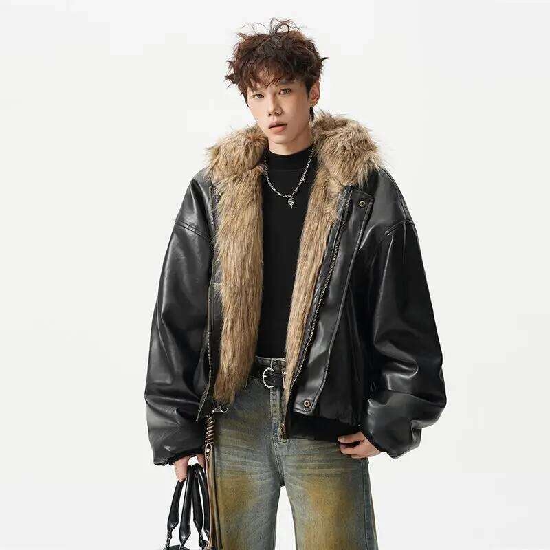 Fashion High-end PU Leather Jacket Cotton Clothes Men's 2025 Winter New Velvet Hooded Zipper Thickened Fur Integrated Coat Z260313