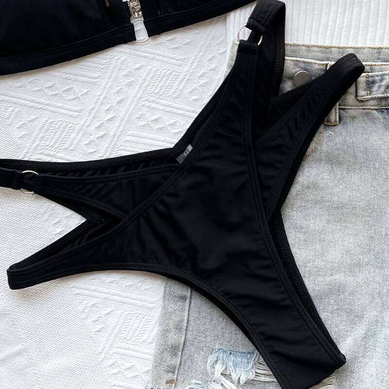 Push Up Women 2026 Sexy Solid Black Swimwear Two Piece Bathing Suit Straps Triangle Hollow Out Thong Bikini Set Swimsuits Y260303