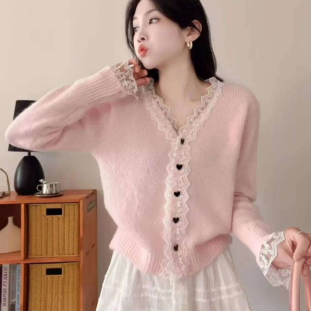 French Lace Edge Patchwork V-neck Women Cardigan Autumn Winter Lazy Style Loose Long Sleeves Single-Breasted Knitted Sweater Z260313