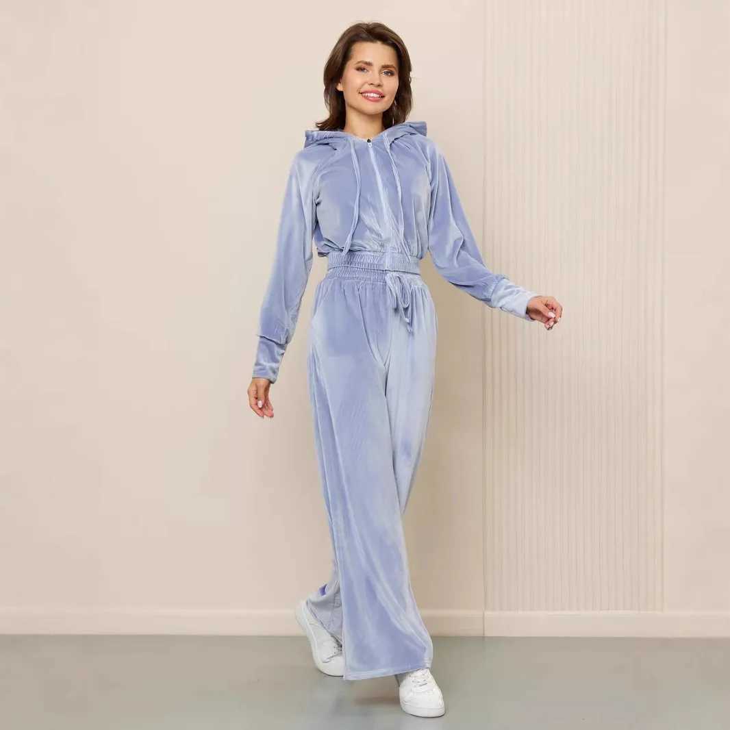 Fashion casual womens solid color zipper cardigan silver fox fleece hoodie lace-up trousers 2 piece pantsuit womens clothing M260313