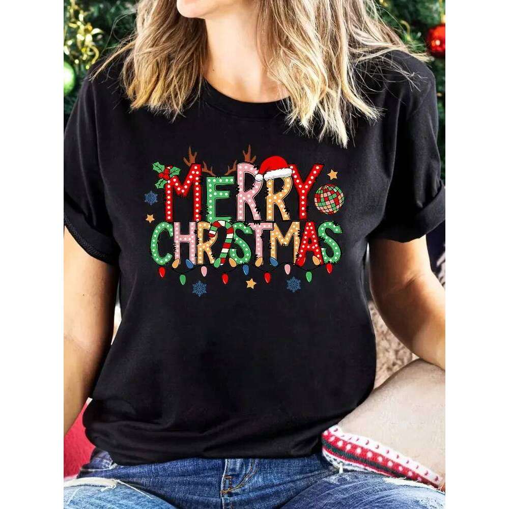 Women's Print T-Shirt Round Neck Short Sleeve Casual Top Featuring Merry Christmas Festive Holiday Wear Z260314