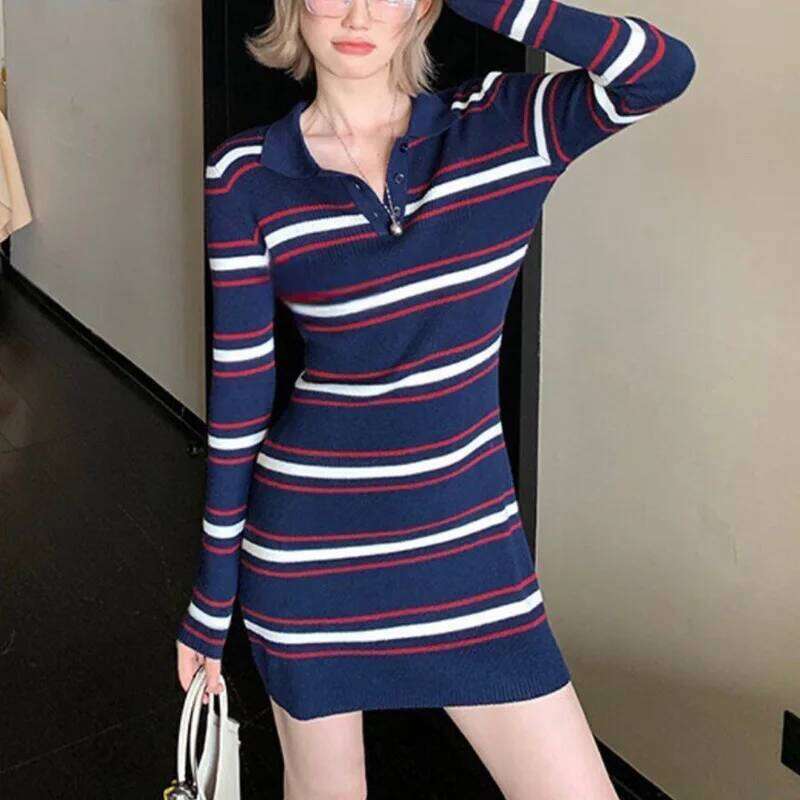 Striped Knitted For Women New Autumn Fashion Long Sleeve Color Blocking Waist Cinching Slim Fit Sexy Bodycon Short Dress Z260313