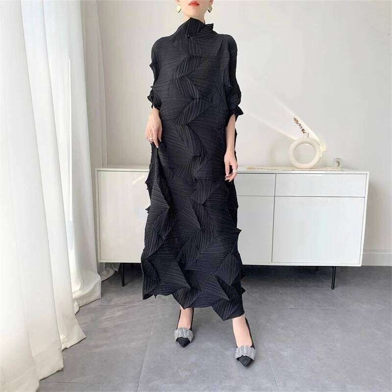 LANMREM Long Dress For Women Elastic Loose Irregular Pleated Stand Collar Pullover Famale Clothing Half Sleeve DB MAKOUFEI