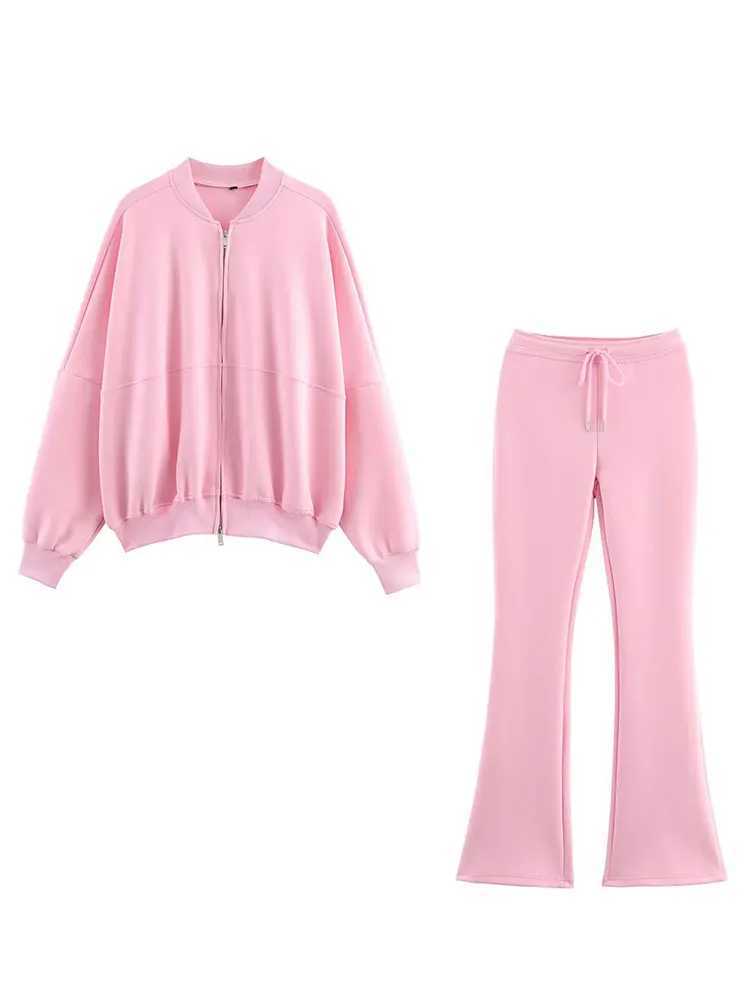 HH Women Elegant Solid Flared Pants Sets Long Sleeve Bomber Jackets Drawstring Trousers Autumn Women Casual Jogging Pant Suits M260313