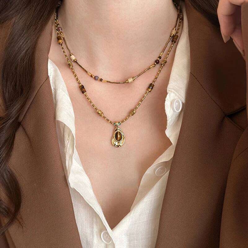 Mirad Retro Style Tiger Eye Stone Geometric Heterosexual Pendant Necklace Women's Sexy Clavicle Chain Trendy Jewelry Accessories H260312