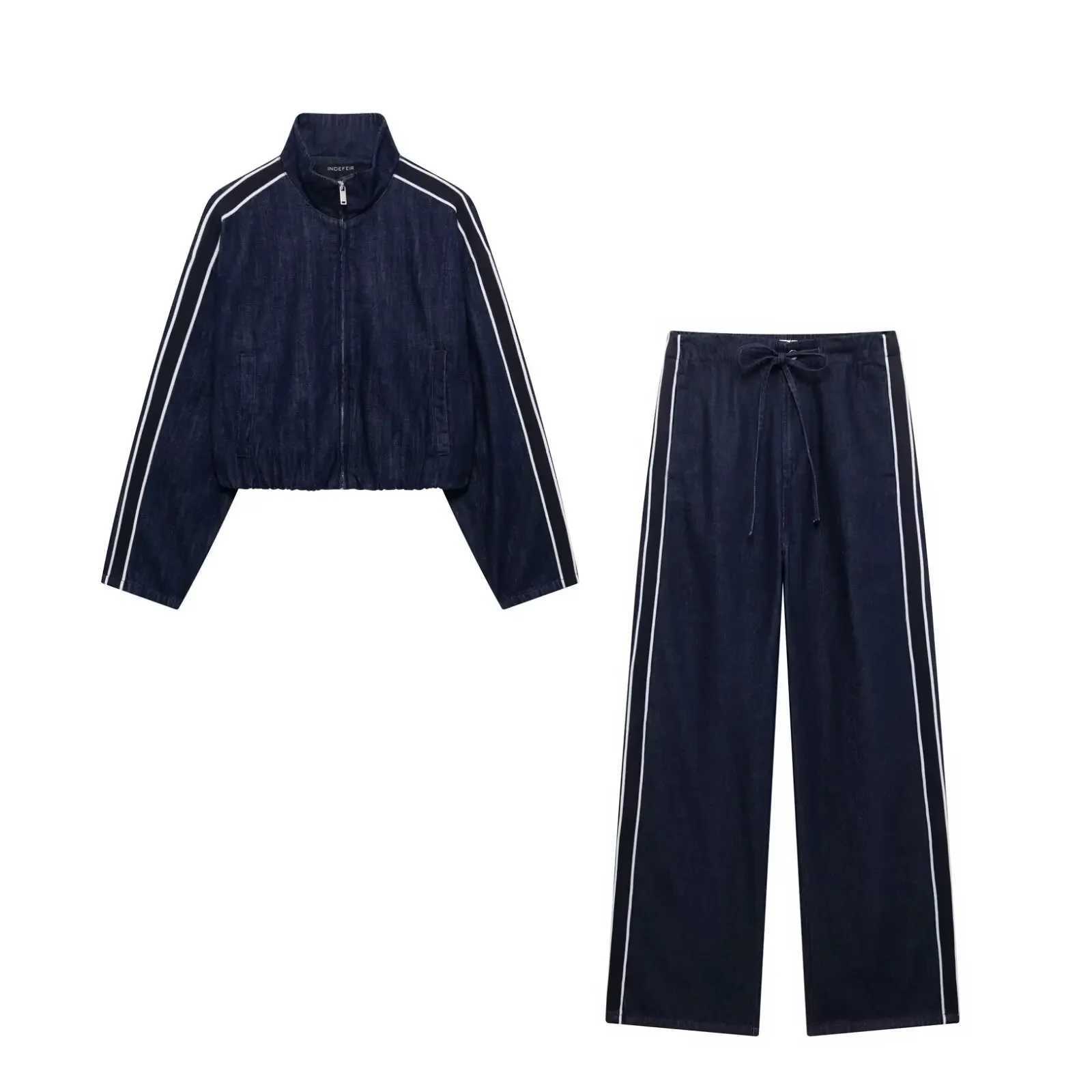 PRINTKAOIR Women High Street Denim Set Side Stripe Stand Collar Zipper Jacket Lace-Up Pant 2025 Autumn Winter Casual Female Set M260313