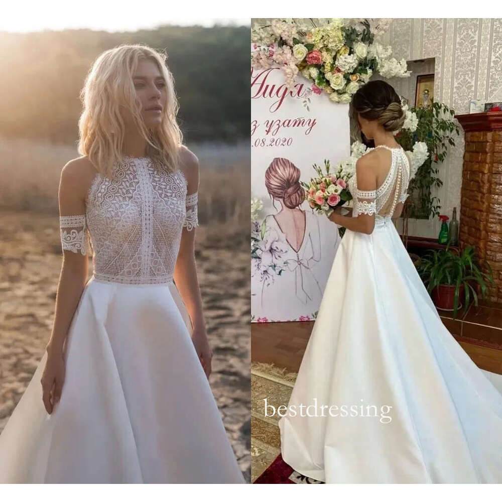 Bohemian Stain Dress Open Back A Line Bride Wedding Gowns White Lace Appliques Vestido De Novia B0313