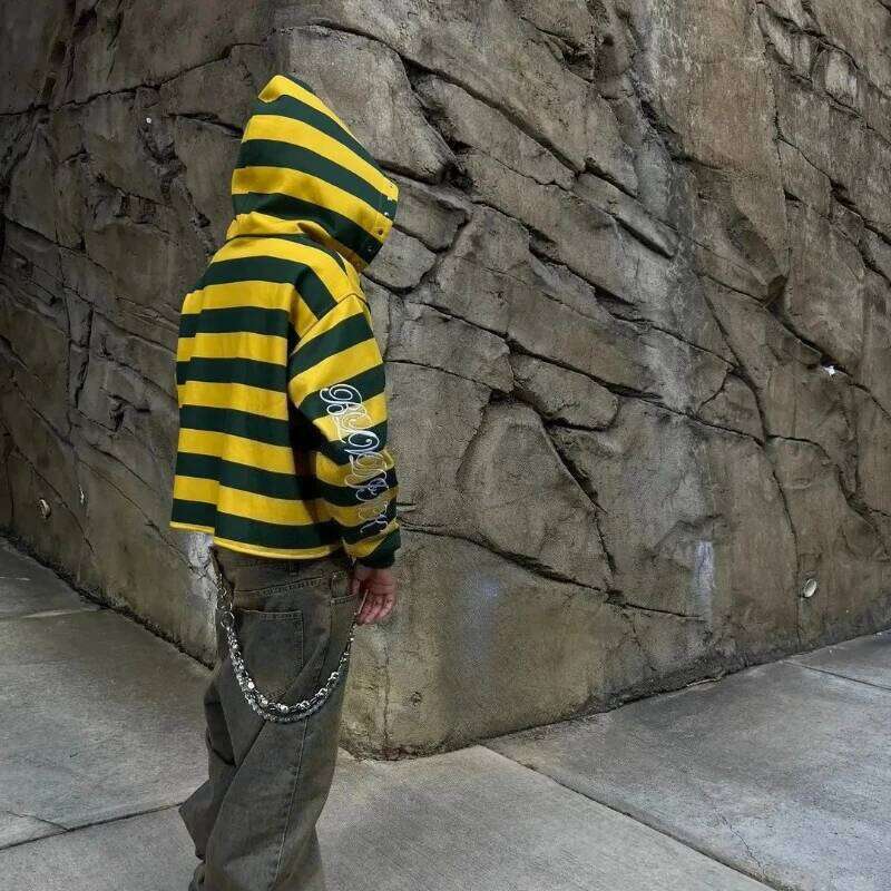 Y2K Retro Stripe Sweatshirt Rivet Embroidery Street Kid Zip Up Hoodie New Hip Hop Color Blocking Streetwear Unisex Boxy Clothing Z260314