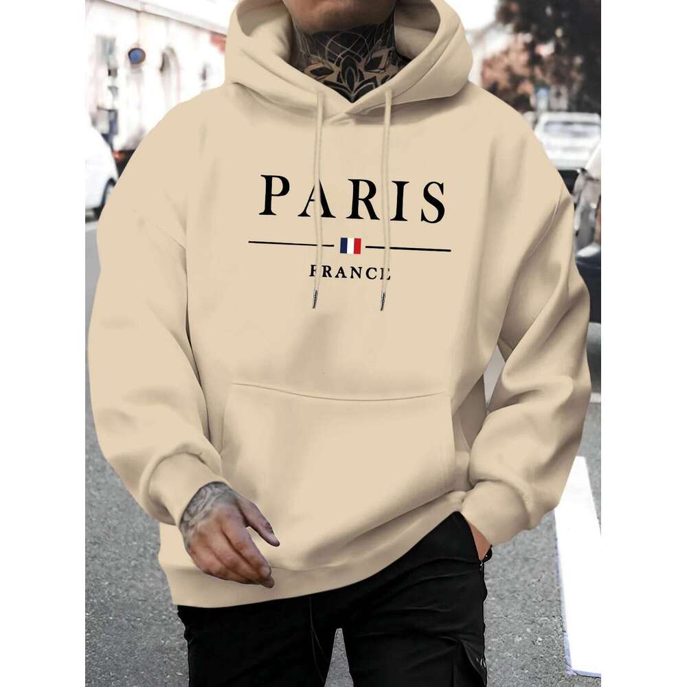 Men's autumn and winter casual fashion loose Paris letter pattern printed long sleeved hooded sweatshirt warm pullover Z260314