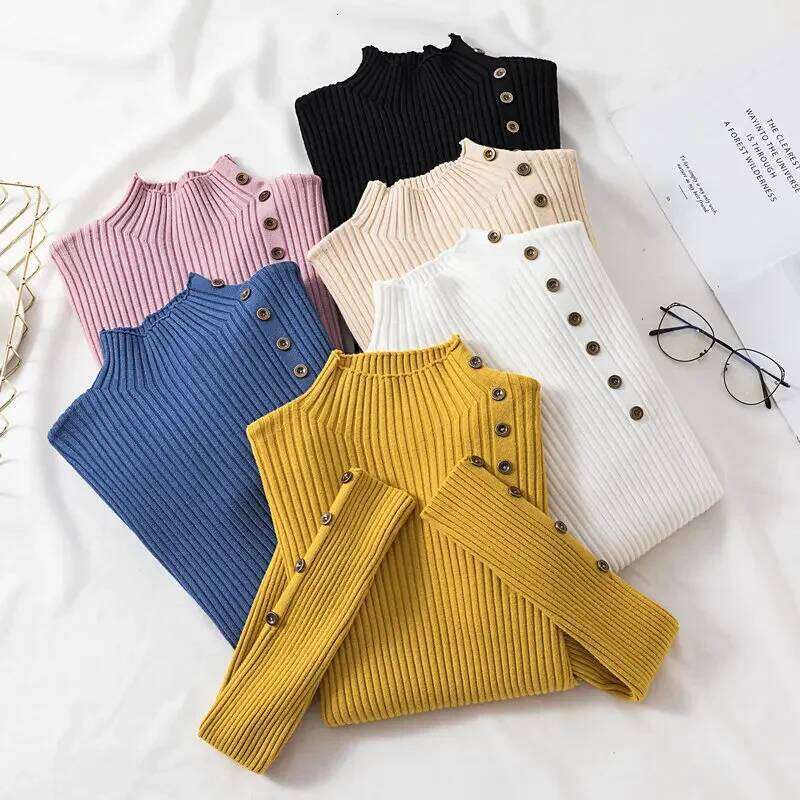 2025 Women Autumn Slim Sweaters Female Solid Knitted Cotton Soft Elastic Pullovers Button Full Sleeve Turtleneck Z260314